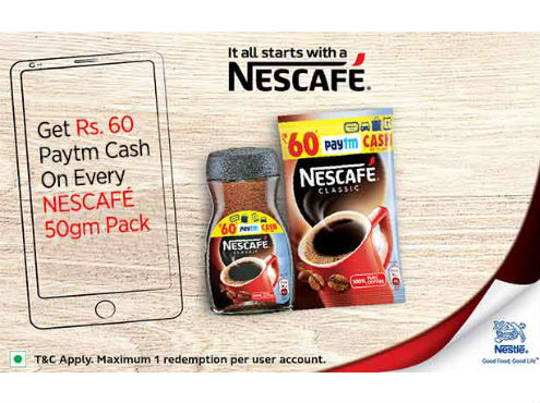 Get Rs.60 Paytm Cash On Every Nescafe 50gm Pack