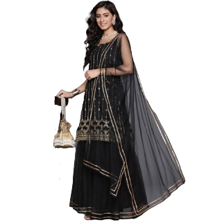 Get 52% off on Inddus Women Black & Golden Embroidered  Kurta with Sharara & Dupatta
