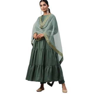 Flat 66% off on Inddus Women Green Solid Kurta with Trousers & Dupatta