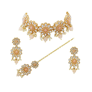 Buy Attractive Ethnic Design Gold Plated Kundan Pearl & Beads Peach Color Choker Necklace Earring With Maangtikka Jewellery Set