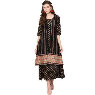 Buy Libas Women Black & Beige Printed Dress with Ethnic Jacket at Best Price