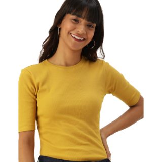 DressBerry Women Mustard Ribbed Fitted Pure Cotton Top at Rs.659