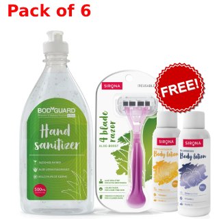 Get Free Razor and 2 Body Lotions with  3 ltr. Hand Sanitizer at just Rs.291 (After Coupon 'FIRST10' , 5% prepaid discount & GP Cashback)