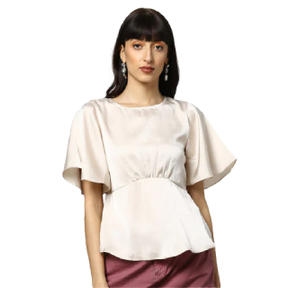 Get 60% off on OUTRYT Women Flounce Sleeves Keyhole Back Satin Beige Top