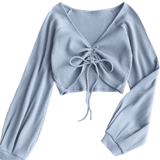 Save 44% On Textured Knitted Gathered Top - Grey Blue