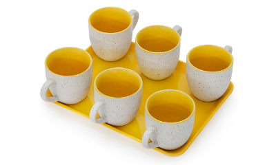 Somny White & Yellow 125 ML Cups with Tray - Set of 7