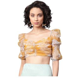 Buy Warm Yellow and White Floral Print Smocked Crop Top