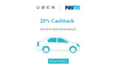 Uber Cab Booking 25% Cashback (Max. Rs.75) With Paytm