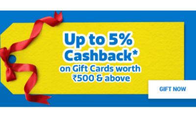 Upto 5% Cashback On E- Gift Cards worth Rs.500 & Above