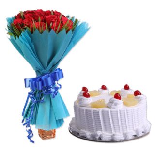 8 Red Roses with Pineapple Cake (500g) @ Rs.949
