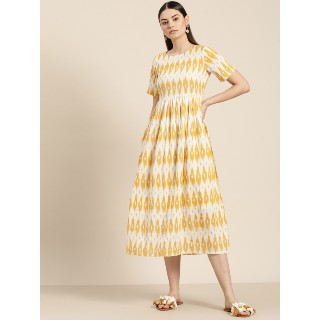 Women Off-White & Mustard Yellow Ikat Print A-Line Dress