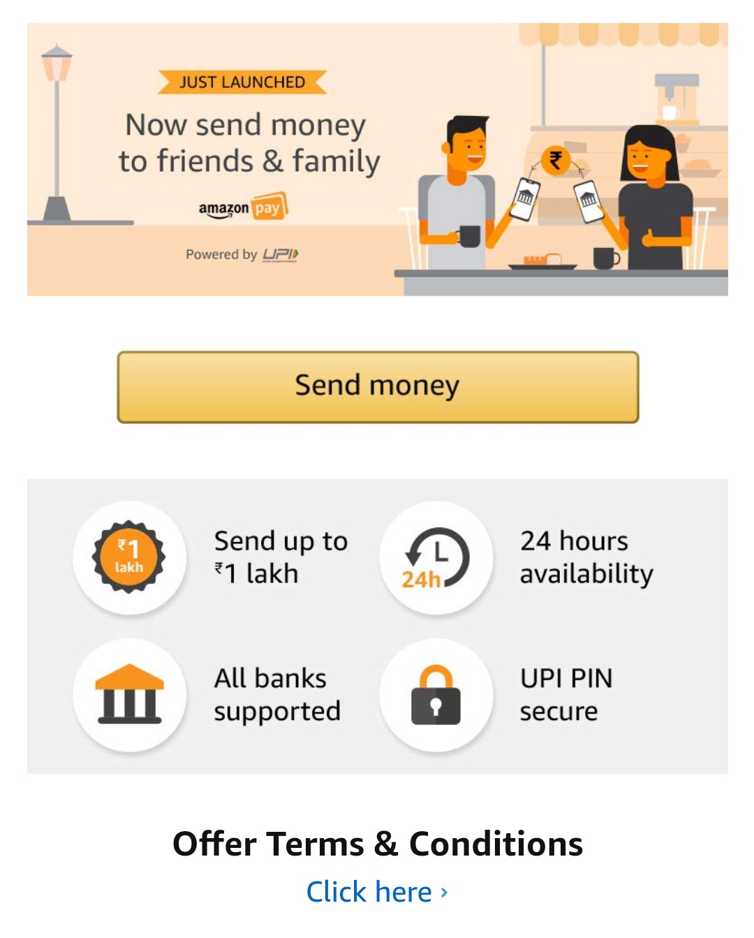 Amazon Pay Send Money Offer Send 100 or more Get 25 cashback in Amazon